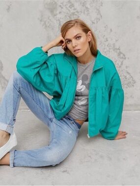 Free People Teal Gathered Zip Windbreaker Jacket